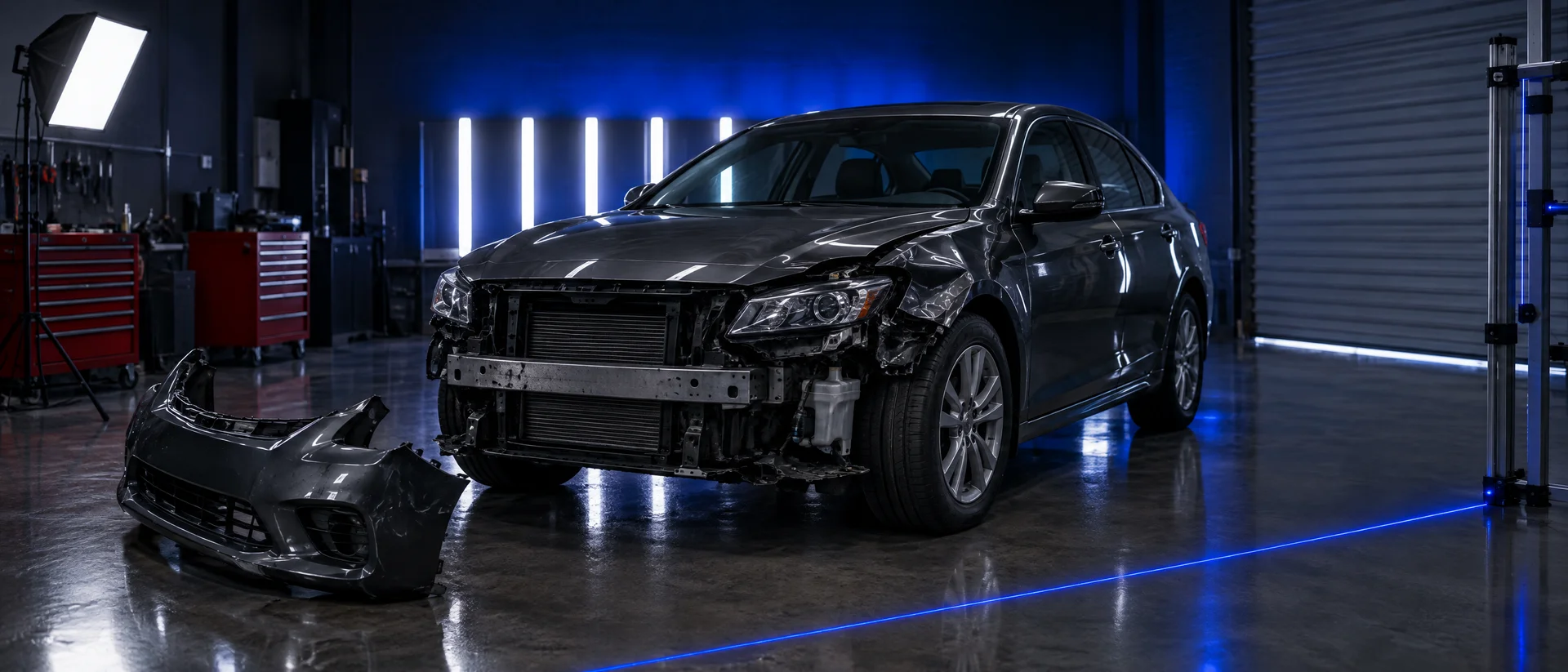 A damaged car under work lights in the shop bay at night, roll-up door at the right